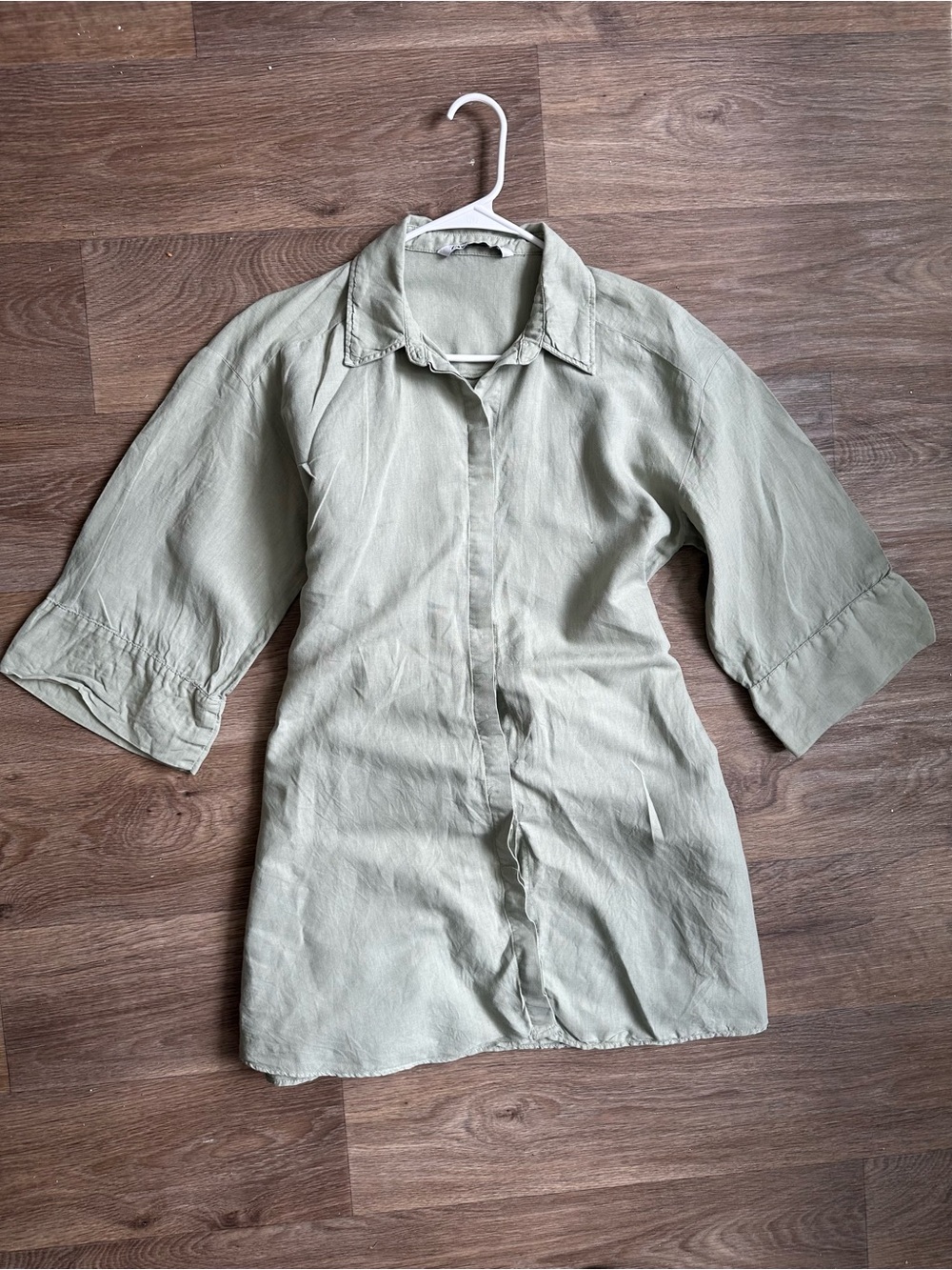 Zara Sage Green Linen Blend Button Down Tunic Shirt Medium
